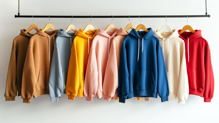 Colorful hoodies on a clothes rack