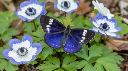  A blue-and-white butterfly atop a blue-and-white bloom, amidst a sea of blue and white blossoms in...
