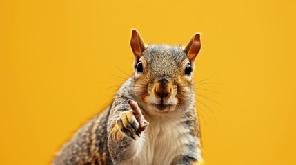 Obraz premium Close-Up of a Squirrel Raising Its Paw as if Making a Point, Set Against a Bright Yellow Background. Funny animal for banner, flyer, poster, card with copy space