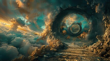 Philosophical concept of time with an abstract clock design merging into a surreal landscape, blending art and science