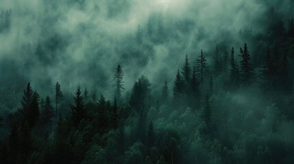 Woods Background. Dark Green Misty Forest with Mysterious Silent Atmosphere