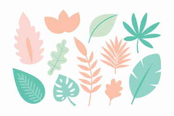 Set of Modern hand drawn plant leaf and tropical shape decoration set. Pastel color doodle bundle for fashion design, summer season or natural