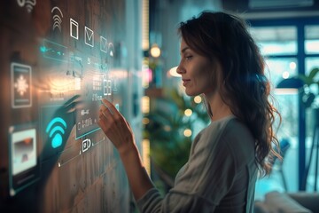 Woman using smart home device on wall --ar