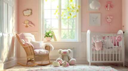 Bright and airy nursery with pastel colors, soft toys, and a comfortable rocking chair for peaceful bedtime stories