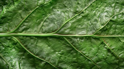  A close-up of a single green leaf with two thin lines of smaller leaves running through its center