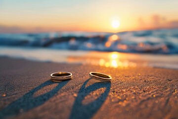 Wedding rings resting on sandy beach at sunset