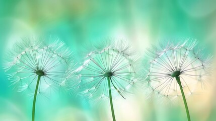  Three dandelions sway in wind against a hazy green-blue backdrop, with an indistinct, moving sky above