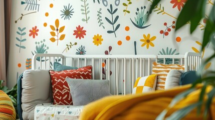 A beautifully decorated nursery with a crib and colorful wall decals