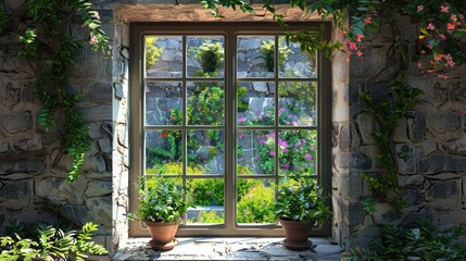 Garden Window. View of Landscape Through Opened Window in Home Interior