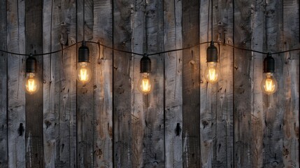 Country Background. Rustic Wooden Wall with Light Bulbs on Timber Surface