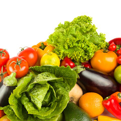 Set of vegetables and fruits isolated on a white. There is free space for text.