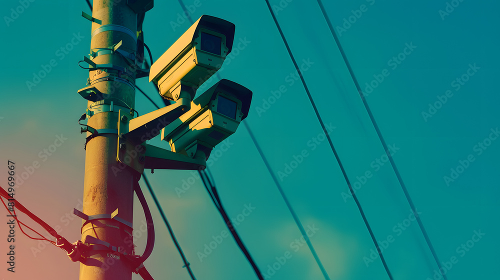 Poster close up of security cameras on the pole with copy space