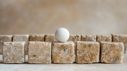  A white egg atop varied blocks - brown and white marbles intermixed