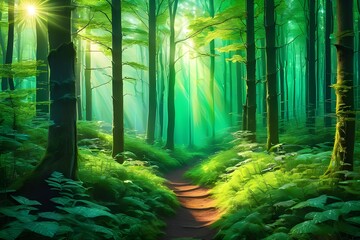 Obraz premium Panorama of a fairy forest. Fairytale forest sunny day. Warm morning in a fairy forest.