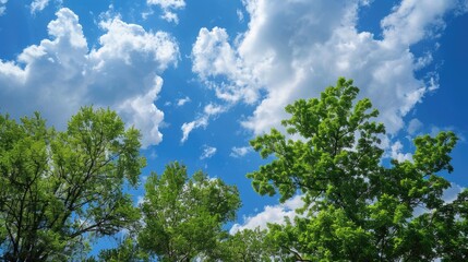 Trees Blue Sky. Lush Green Trees Against Bright Blue Sky with Fluffy Clouds. Summer Nature Landscape