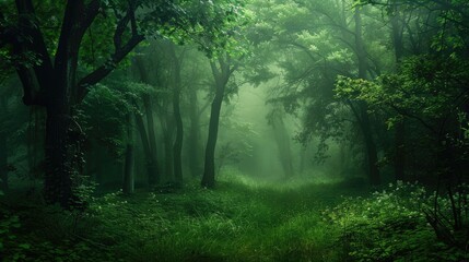 Woods Background. Dark Green Misty Forest in Silent Mystery Light