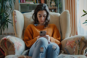 Obraz premium Young woman using smart phone sitting in armchair