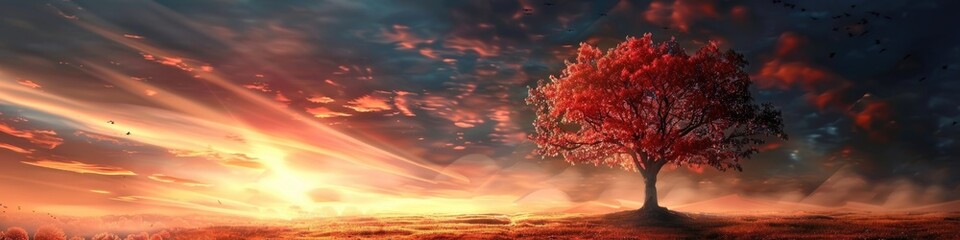 Naklejka premium Sunrise Good Morning. Tree Silhouette in Red Sky with Sunlight