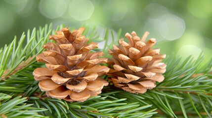  A tight shot of two pine cones on a pine tree branch, surrounded by softly blurred green foliage