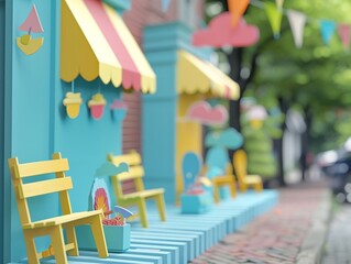 Charming 3D street scene with colorful facades, striped awnings, and a whimsical, playful atmosphere