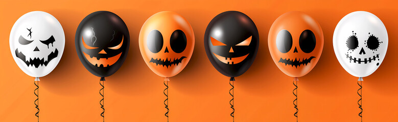 Halloween balloons in black, white, and orange, featuring scary faces on orange background for Halloween parties, events and seasonal decorations. Set colorful Halloween balloons, creepy spooky faces