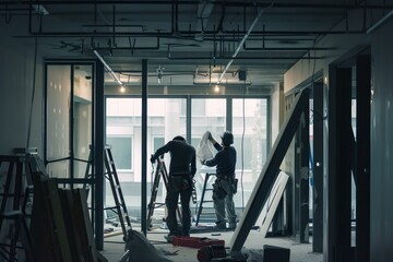 Two construction workers collaborate on an office renovation project with tools and materials around