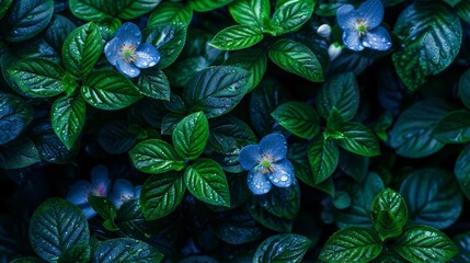  A collection of green leaves and blue flowers, adorned with water droplets