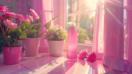  A window sill topped table with vases holding flowers and a bottle of lotion