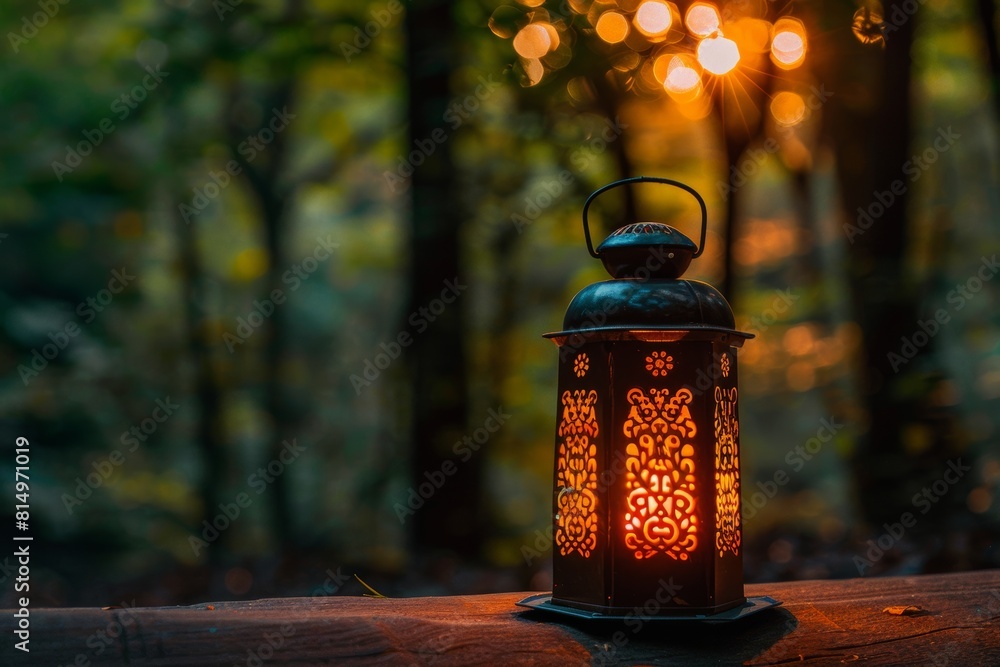 Aufkleber arabic lantern illuminated on table with magical blurred background creating enchanting ambiance