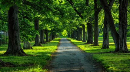 Naklejka premium Tree Path. Peaceful Path in a Green Park Surrounded by Trees and Nature
