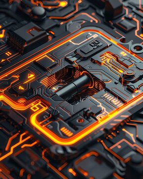 An electronic circuit board with a glowing orange light. The board is made of black and grey materials and has many small components on it.