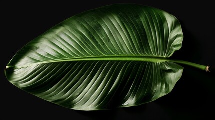  A tight shot of a verdant leaf against a black backdrop, adorned with a teardrop of water at its tip