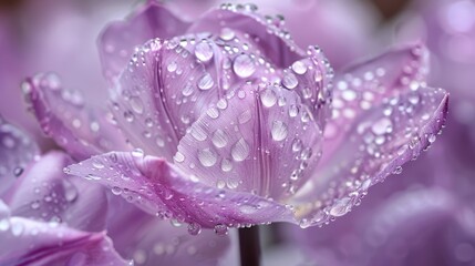  A tight shot of a purple flower, dewdrops glistening on its petals, backdrop softly blurred by overlapping petals