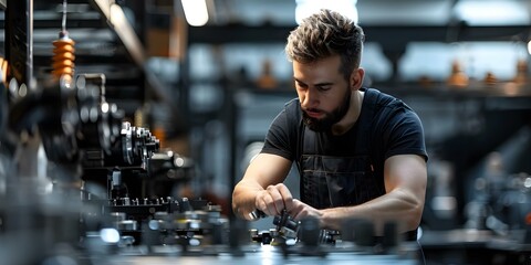 Adept Worker Seamlessly Assembling Parts with Precision like a Graceful Dance. Concept Assembly Line Efficiency, Precision Engineering, Seamless Production, Graceful Workmanship