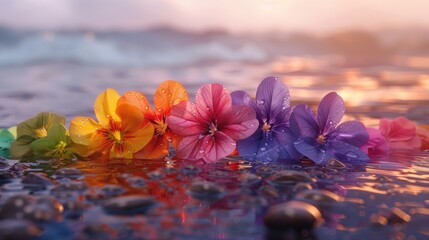 tropical colorful flowers in water on blurred sea background, banner, pride month