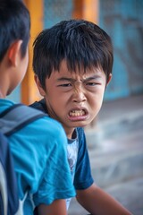 Obraz premium Asian boy student getting bullied in school by boys