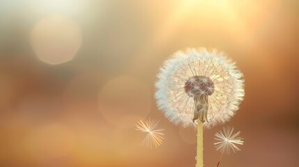  A dandelion floats in the wind against a hazy brown and orange backdrop, illuminated by the sun