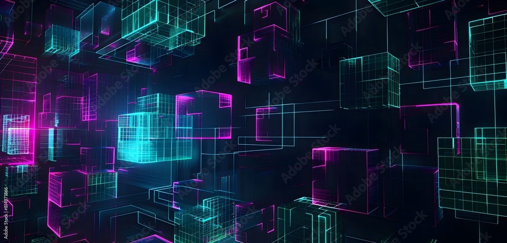 Poster abstract digital technology background with glowing holographic maze and cubes on dark blue backgrou
