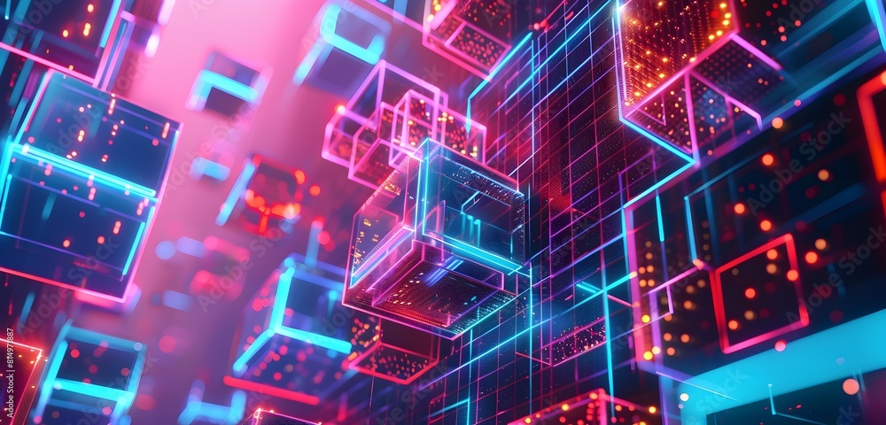 Aufkleber abstract digital technology background with glowing holographic maze and cubes on dark blue backgrou