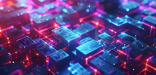 Fototapeta premium Abstract digital technology background with glowing holographic maze and cubes on dark blue background, futuristic design concept for banner or presentation of computer science, data transfer