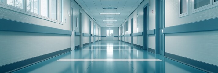 A well-lit and empty hospital corridor with clean walls and a shiny floor, conveying a sterile and professional environment