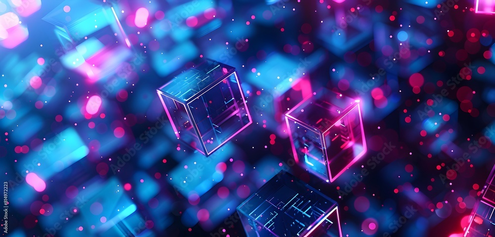 Poster abstract digital technology background with glowing holographic maze and cubes on dark blue backgrou