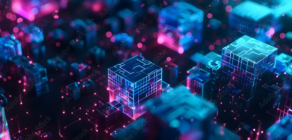 Aufkleber abstract digital technology background with glowing holographic maze and cubes on dark blue backgrou