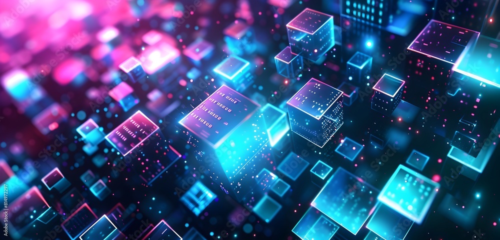 Poster abstract digital technology background with glowing holographic maze and cubes on dark blue backgrou