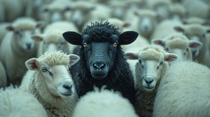 Fototapeta premium Unique black sheep among white flock