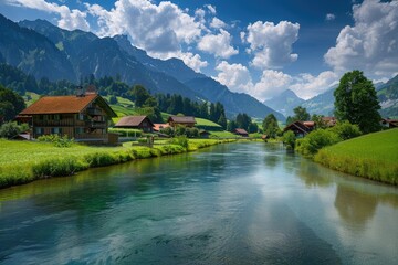 Obraz premium Landscape With Water. Swiss Summer View of River Stream and Green Nature