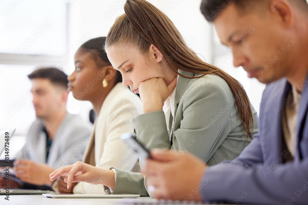 Aufkleber boring, meeting and team with tablet in office typing notes from workshop or planning schedule. tire