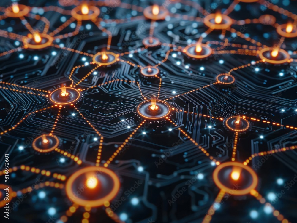 Poster illuminated computer network in the world of the future