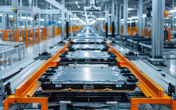 EV battery module for the automotive industry on the production line: Lithium-ion high-voltage battery component for electric vehicles or hybrid cars