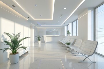 Modern Waiting Room Interior with Empty Space for Mock-up Banner in White Hospital Lobby